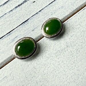Green Jade Oval Stud Earrings - Sterling Silver